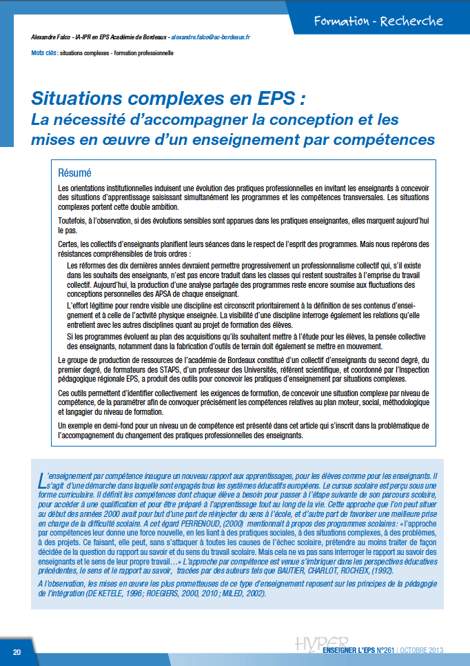 La Necessite D Accompagner La Conception Et Les Mises En Oeuvre D Un Enseignement Par Competences Hyper Enseigner L Eps N 261 Octobre 13 Education Physique Et Sportive