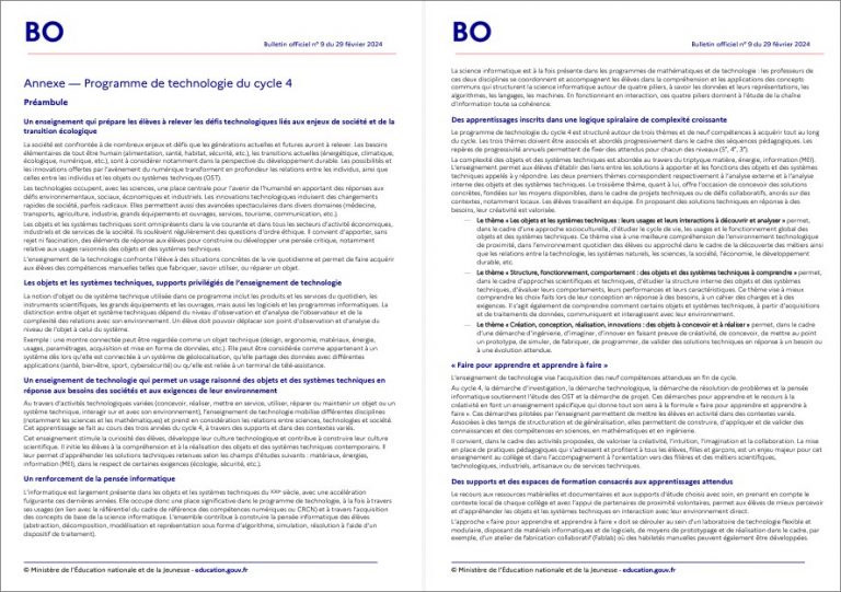 Nouveau programme de Technologie au cycle 4 – BO n°9 du 29 février 2024